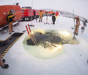 Preparing the midwinter swimming hole in the sea-ice, in front of Australia’s Davis research station