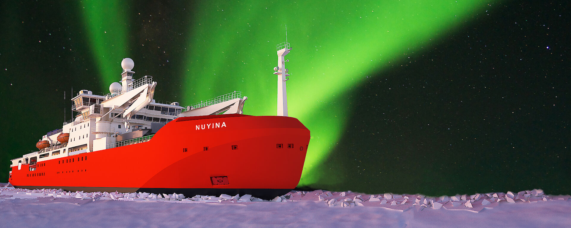 graphic of icebreaker in ice with aurora