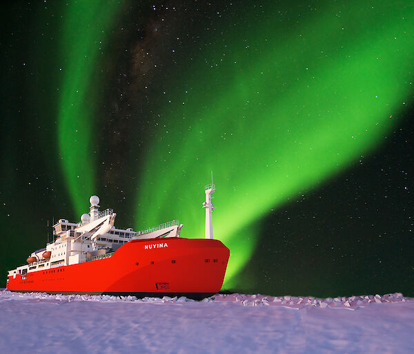 graphic of icebreaker in ice with aurora