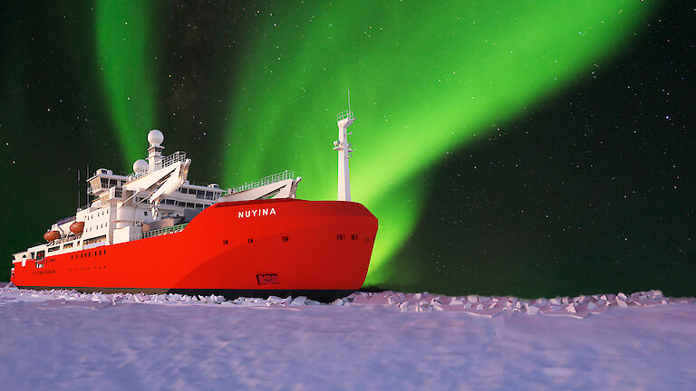 graphic of icebreaker in ice with aurora