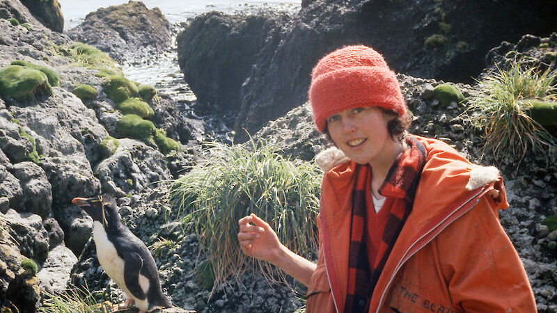 Dana Bergstrom during her first visit to Macquarie Island as a Masters student in 1983, standing beside a rocky outcrop with a penguin.