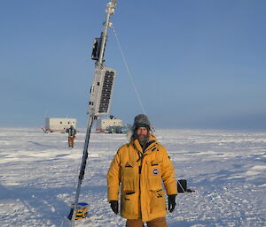 man with weather station in snowscape