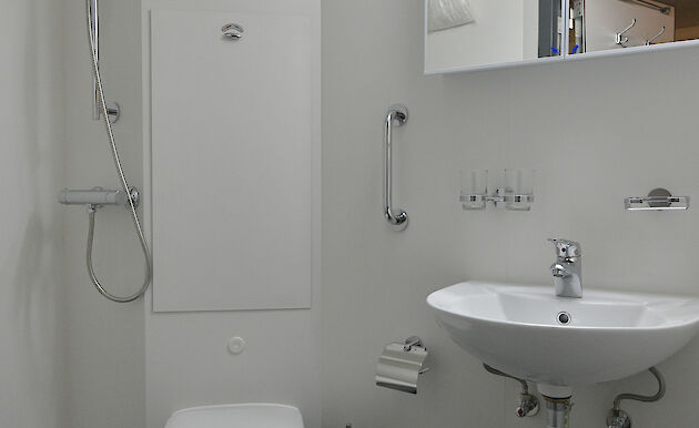 A cabin ensuite showing toilet, shower and basin.