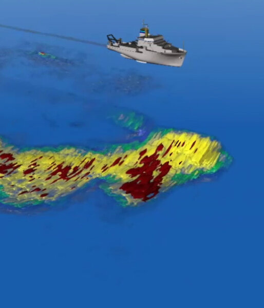 A graphic showing a ship above a krill swarm.