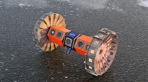 The Buoyant Rover for Under-Ice Exploration (BRUIE) sitting on the ice