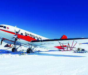 A Basler BT-67 fitted with ice penetrating radar antennae for the ICECAP project.