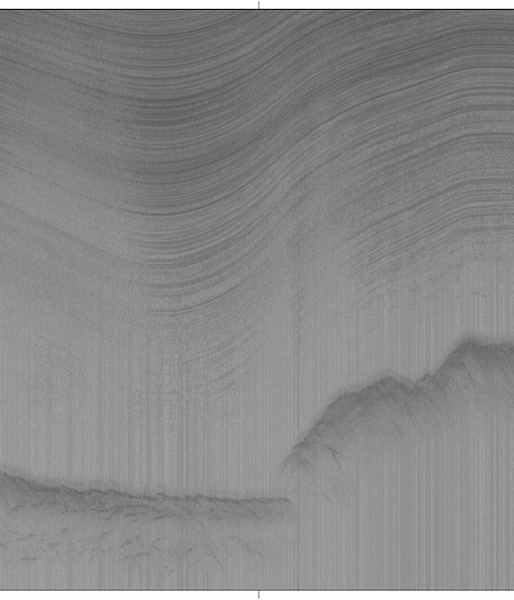 A 60km section of radar signals acquired by the ICECAP project in East Antarctica, showing strong bedrock reflection through about four kilometres of ice, and internal layers in the ice.