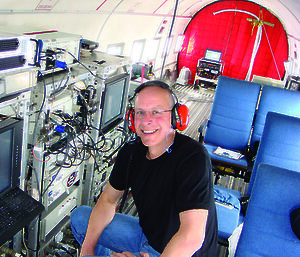 Dr Tas van Ommen in the Basler BT-67 on an ICECAP flight.