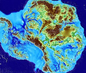 This image shows the contours of the land (or bedrock topography), and ice streams, beneath the ice sheet of Antarctica, revealed through the BedMachine mapping project.