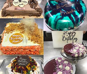 Five different photos of cakes made by Casey’s chef Jordan