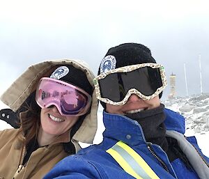 Amy Hobbs and I on a blizzardy day – the two ESS’s on station in a selfie with flag poles in the background