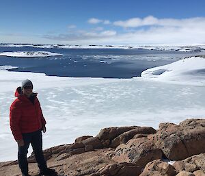 Weekend wander up Reeves Hill, photo of Doreen overlooking Newcomb Bay