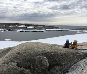 Two lego men standing on a rock with the bay and Shirley Island in the background
