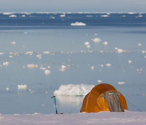 A tent on the snow overlooking at the water and icebergs