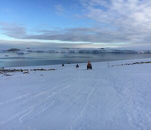 Four quad riders heading towards the bay