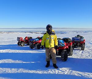 Four quad bikes on snow with Sam in the foreground
