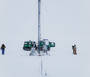 Servicing Wilkins East Mast with Green Hagg in the background and the team holding support wirers