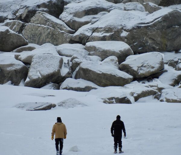 The backs of David and Alan as they return from a wharf walk with large bolders in front of them