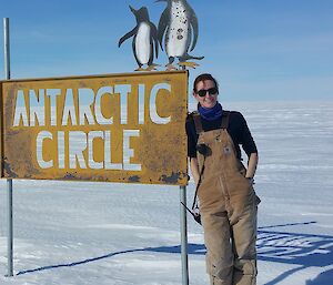 Amt at the Antarctic circle sign in Carhartts