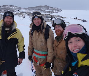 Robbos to Brownings and return team — (Aaron, Conrad, Garvan & Amy) standing near the blue hagg at Browning's