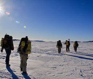 % expeditioners with field packs walking on the sea ice on a clear, sunny day