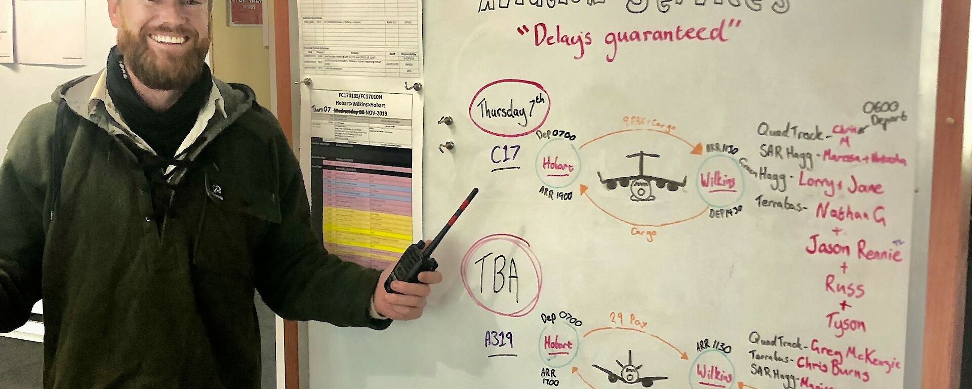 Nick Watt this years Operations Coordinator stands next to one of the white boards he has set up with operational information in the wallow at Casey