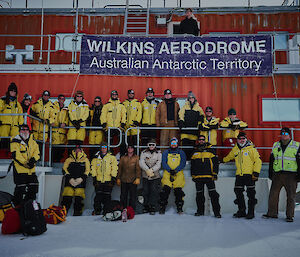 The 2018 −19 wintering expedtioners at Wilkins before departing Antarctica for Hobart