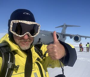 A selfie of John Sommers at Wilkins aerodrome shortly after touchdown and my first steps on Antarctica with the C17 in the background