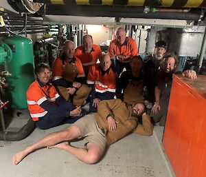 The Casey plumbers for 2019–20 posing in the basement of the Red Shed — from left to right Duncan Logan,