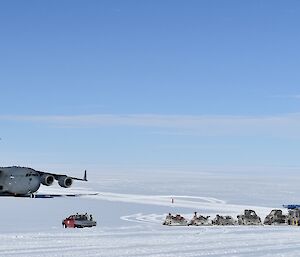 The C17 on the apron at Wilkins Aerodrome dwarfs the vehicles awaiting cargo and passengers