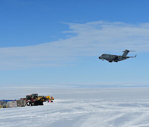 The first ADF C17 of the season coming in to land at Wilkins Aerodrome