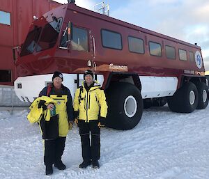 Marcus Bailey and Dion Wright in front of the Terrabus which will take them back to Wilkins Aerodrome ready for the journey home