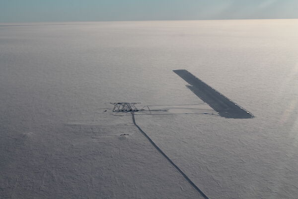 A bird’s-eye view of the Casey ski landing area taken from a Basler