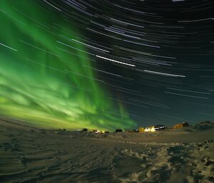 Star trails and aurora lights over Davis Station