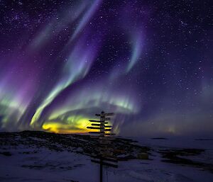 Aurora lighting up the Davis Station sign