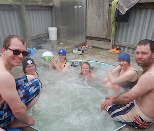 Angus, Annie, Annette, Mel, Vicki and Chris recovering in the hot spa after the Australia Day swim