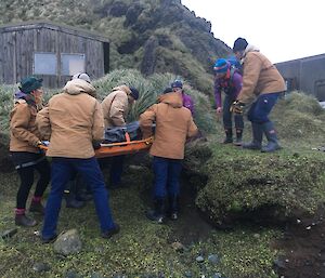 7 people carry a stretcher up an embankment
