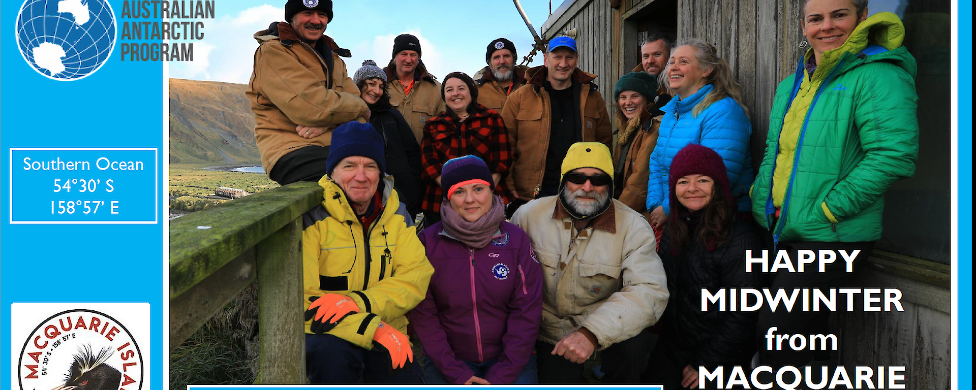an image of a team greeting card with the words “Happy Midwinter from Macquarie Island”