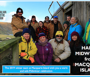 an image of a team greeting card with the words “Happy Midwinter from Macquarie Island”