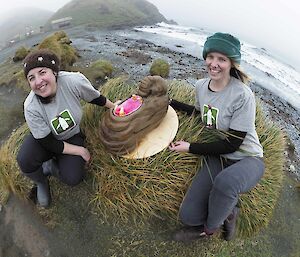 Two women hold a cake in the shape of an elephant seal on a green tussock with a beach behind them