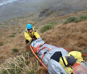 a woman in a yellow jacket and blue helmet stands on a steep grassy slope helping to lower a stretcher