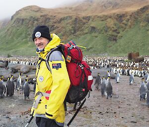 A man in a yellow jacket stands in front of a colony of king penguins