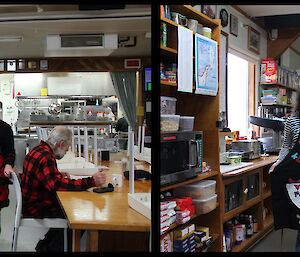 A pair of identical photos show two women stand in aprons with a man sitting at a table drinking a cup of tea.