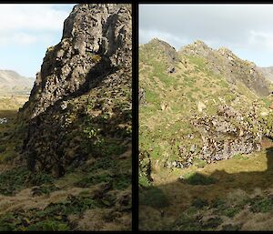 a pair of photos side by side show a green rocky labyrinth