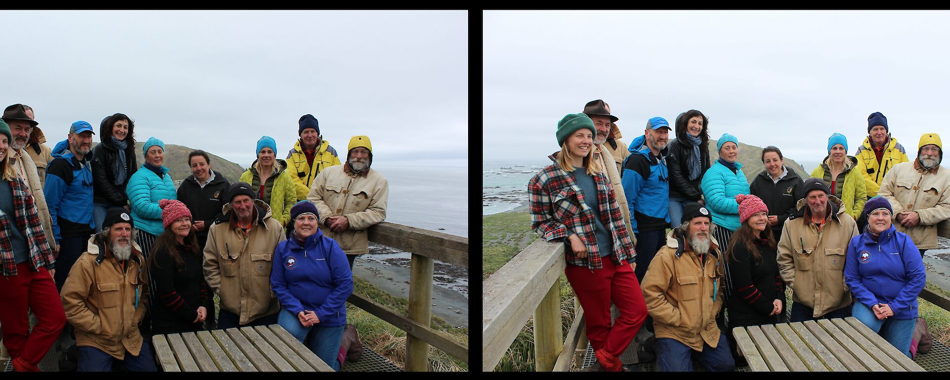 A pair of identical reversed images of a team of women and men are at a lookout are side by side.