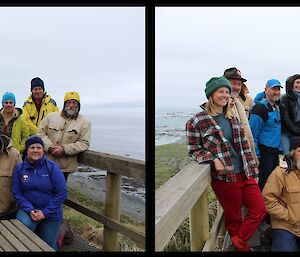 A pair of identical reversed images of a team of women and men are at a lookout are side by side.