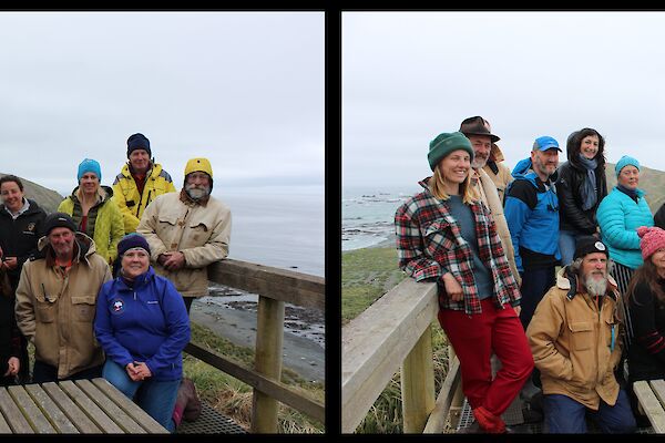 A pair of identical reversed images of a team of women and men are at a lookout are side by side.