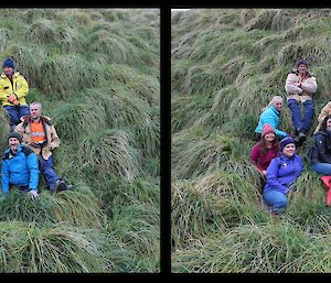 a pair of photos are side by side showing a group of people sitting in green tussock