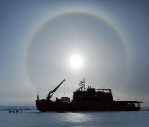 Parahelion halo, created by atmospheric ice crystals, around the icebreaker