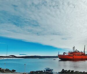 The Aurora Australis moored in Mawson’s Horseshoe Harbour during Voyage 3 resupply operations